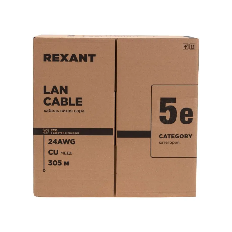 Кабель витая пара U/UTP, CAT 5e, PVC, 4PR, 24AWG, INDOOR, SOLID, серый, 305м, РФ REXANT - Фото 2