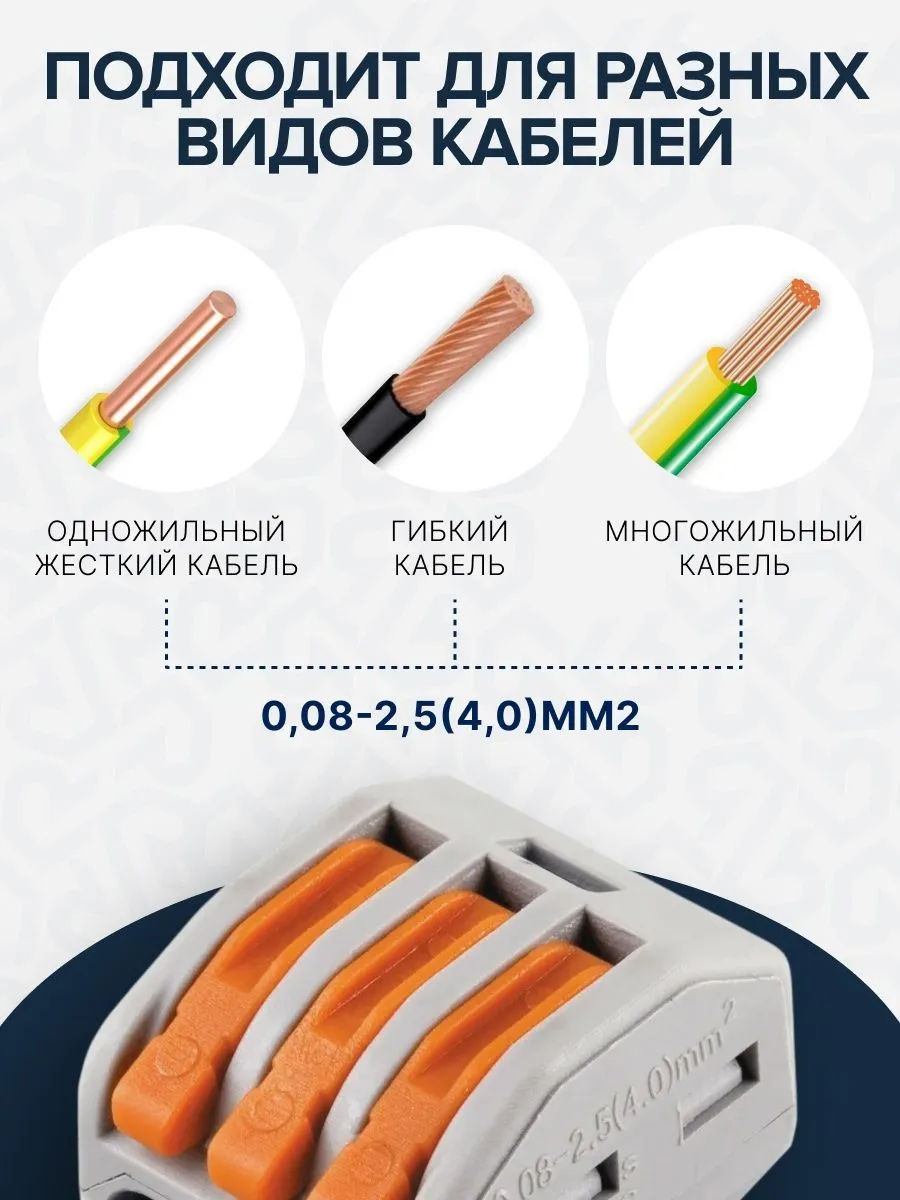 Клемма строительно-монтажная СМК 413 с рычагом, 3-проводная (100шт/уп) DEKRON - Фото 2