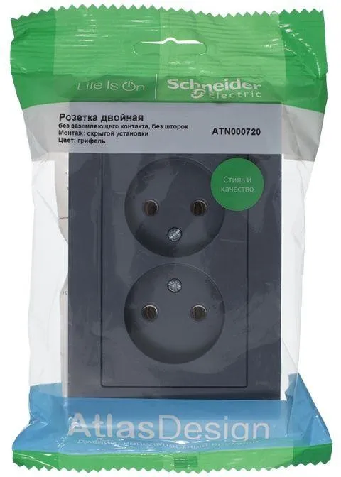 Розетка 2-м СП AtlasDesign 16А IP20 без заземл. в сборе грифель SE ATN000720 - Фото 2