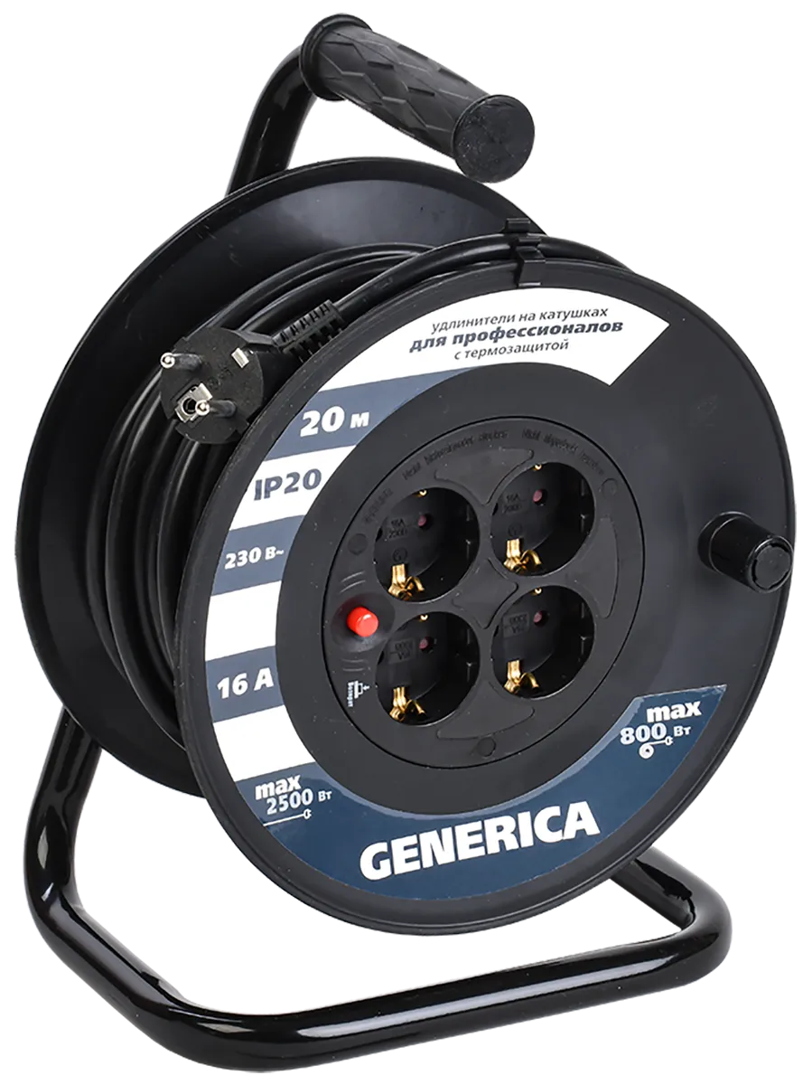 Катушка УК20 с термозащитой 4 места 2P+PE/20м 3х1,5мм2 GENERICA WKP20-16-04-20-G