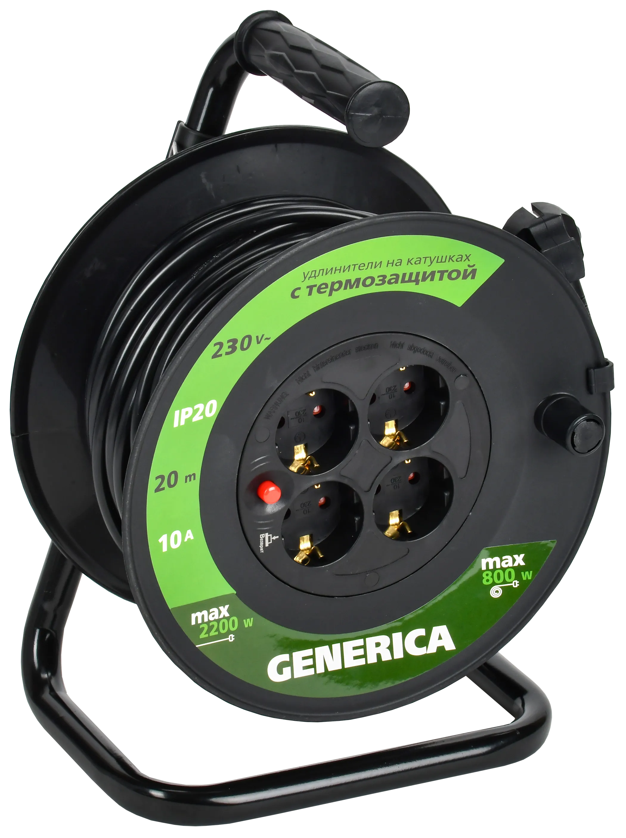 Катушка УК20 с термозащитой 4 места 2P+PE/20м 3х1,0мм2 GENERICA WKP10-10-04-20-G