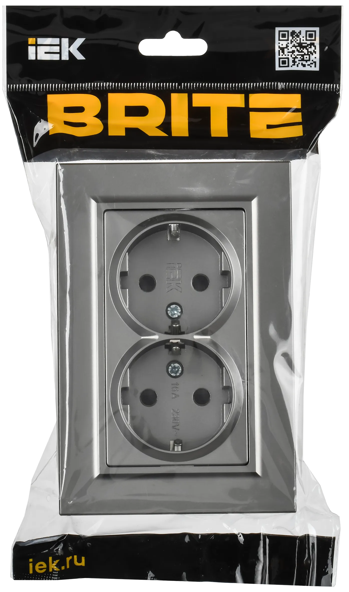 BRITE Розетка 2-местная с заземлением с защитными шторками плоская 16А в сборе РСшПл12-3-БрС сталь IEK - Фото 2