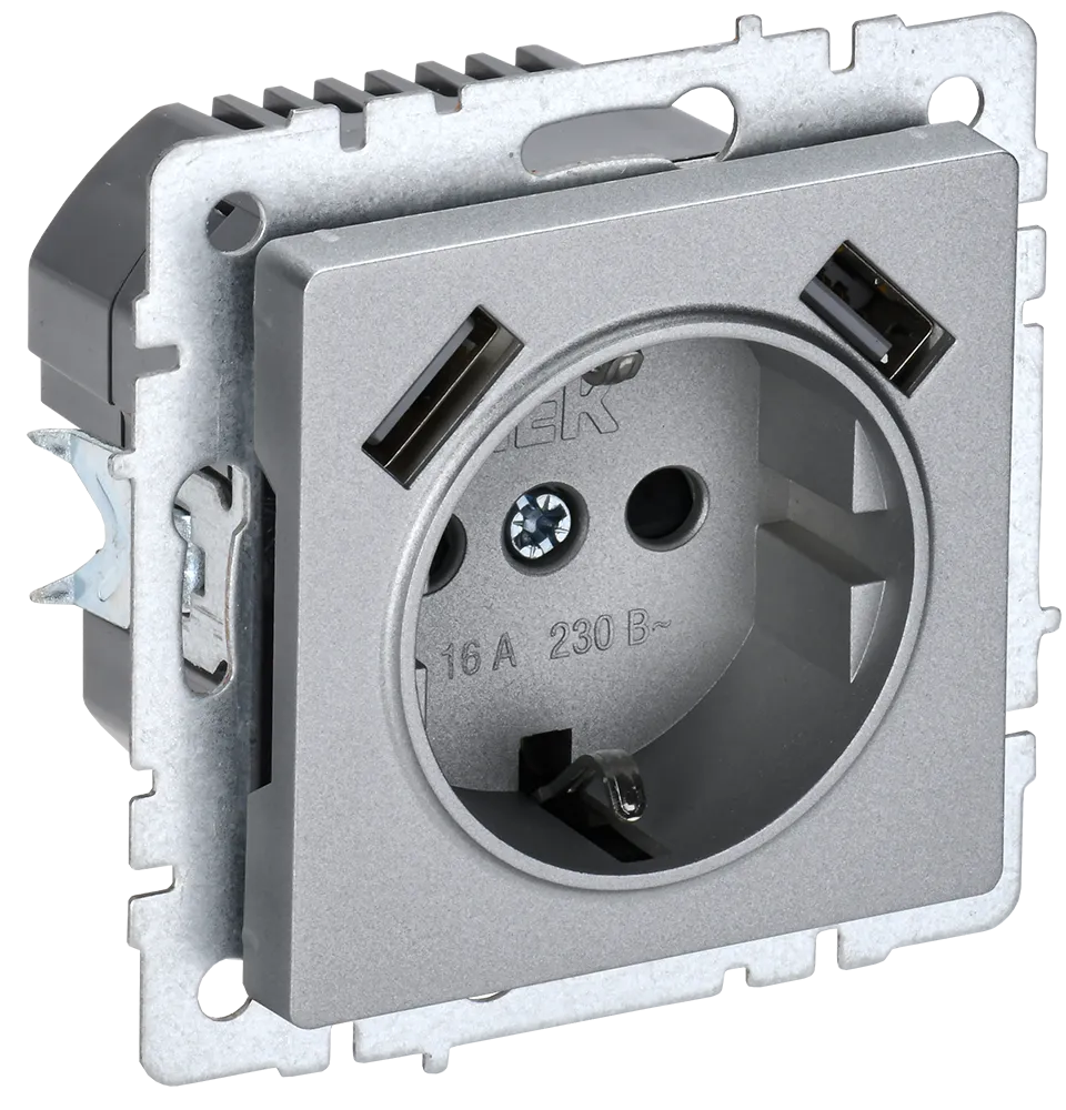 BRITE Розетка 1-местная с заземлением с защитными шторками 16А с USB A+A 5В 2,1А РЮш10-1-БрА алюминий IEK