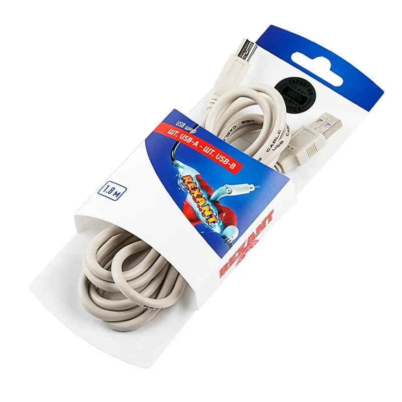 Кабель USB-А– USB-B, 2,4А, 1,8м, ПВХ, серый REXANT - Фото 2