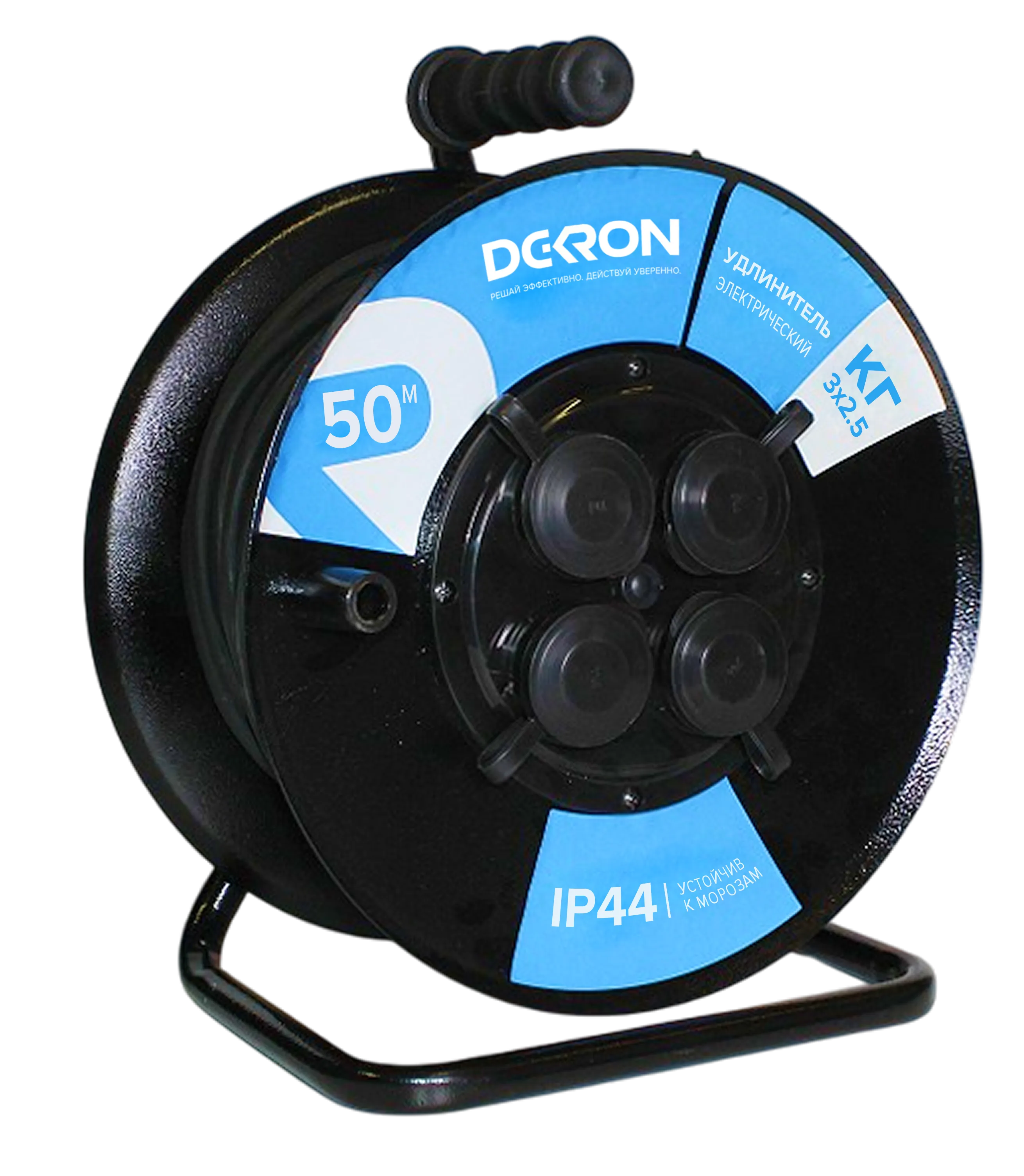 Удлинитель УКП-44 силовой на катушке 4 гн. ПВС 3х2,5 IP44 с/з 50м с автоматом защиты (катушка пластик) 16А 3500Вт DEK0961-0010