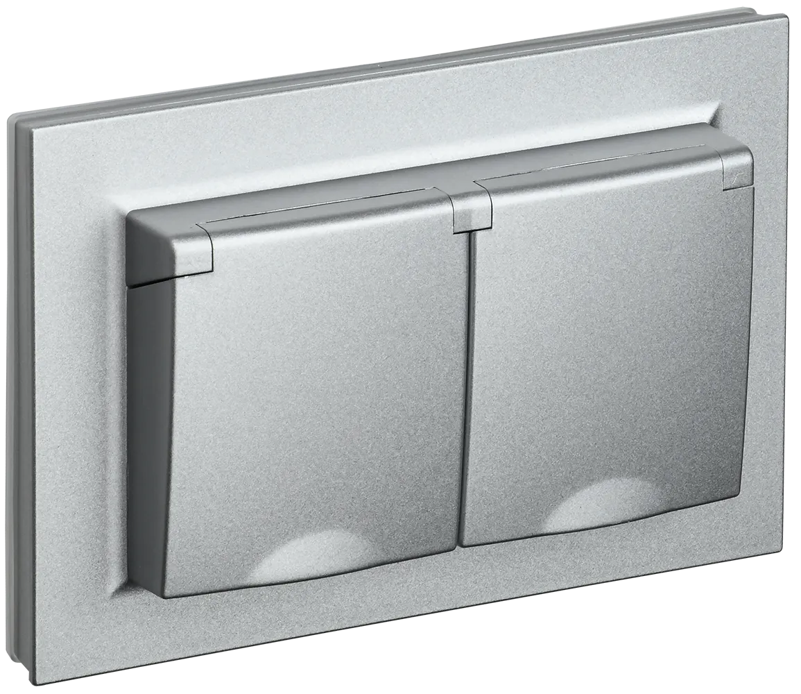 BRITE Розетка 2-местная с заземлением с защитными шторками и крышкой 16А в сборе IP44 РСбш12-3-44-БрА алюминий IEK BR-R26-16-44-K47-F