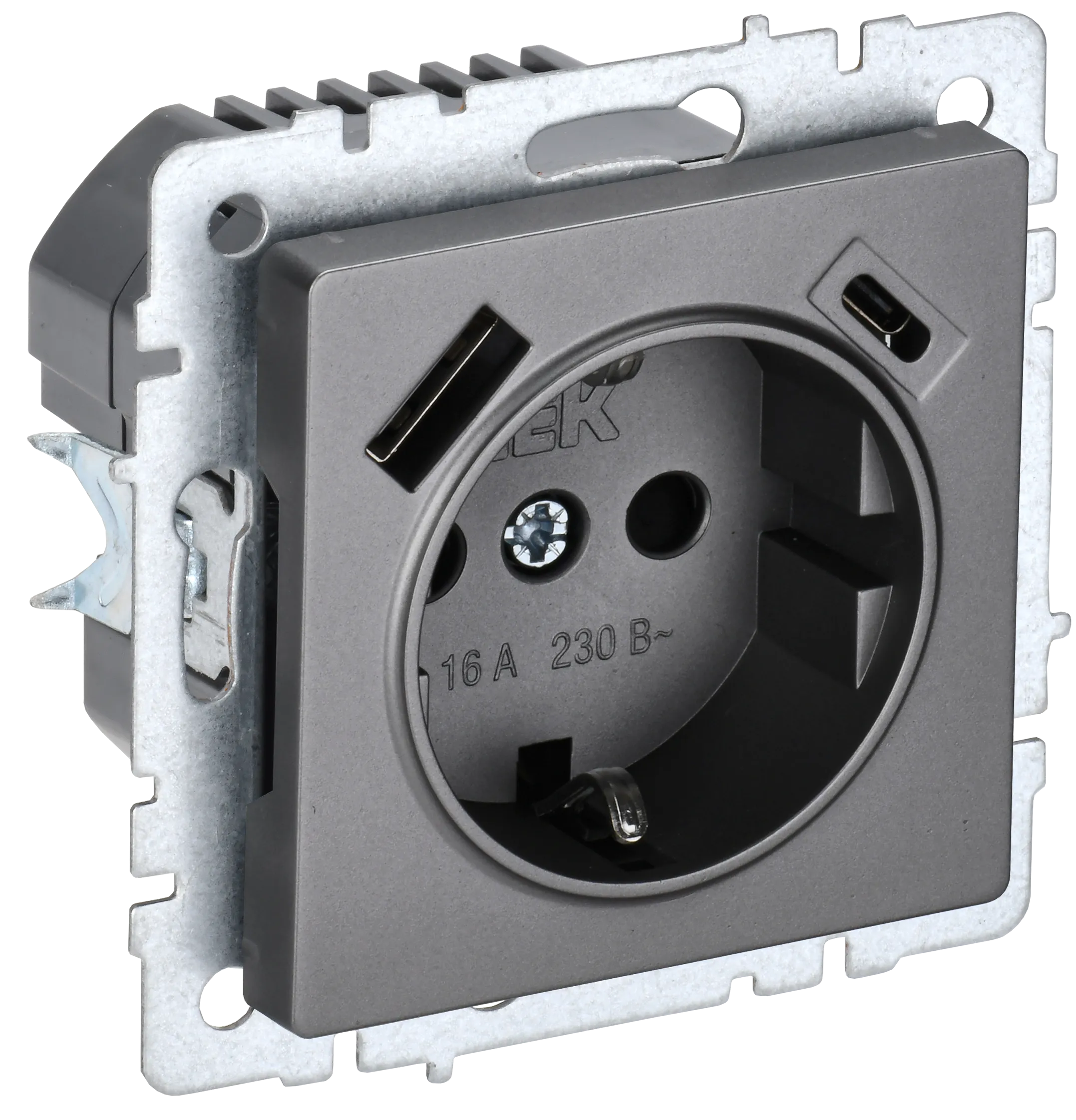 BRITE Розетка 1-местная с заземлением с защитными шторками 16А с USB A+C 18Вт РЮш11-1-БрС сталь IEK BR-R14-16-U22-018-K46