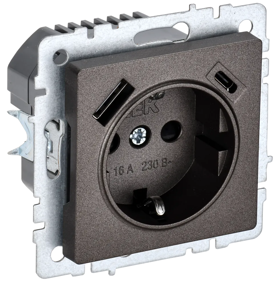 BRITE Розетка 1-местная с заземлением с защитными шторками 16А с USB A+C 18Вт РЮш11-1-БрТБ темная бронза IEK BR-R14-16-U22-018-K45