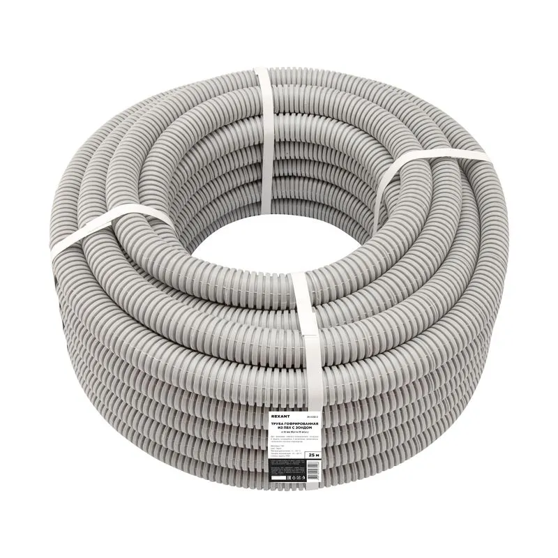 Труба гофрированная из ПВХ, с зондом, Ø32мм (бухта 25 м/уп) REXANT - Фото 2