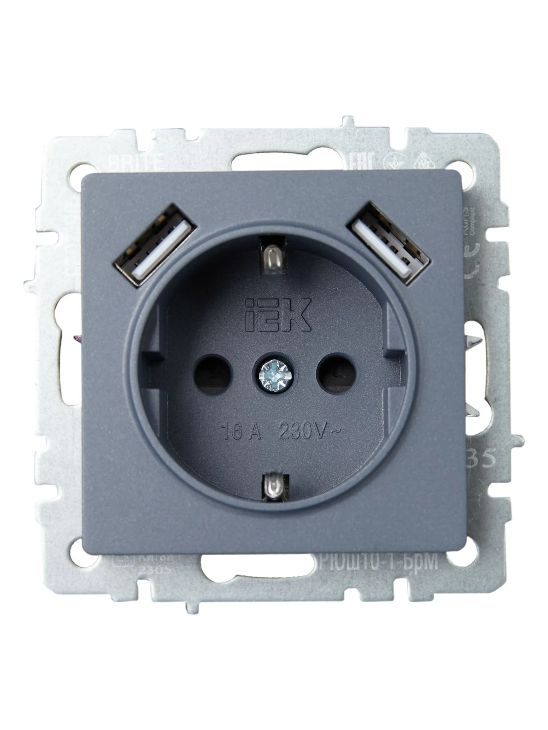 BRITE Розетка 1-местная с заземлением с защитными шторками 16А с USB A+A 5В 2,1А РЮш10-1-БрМ маренго IEK - Фото 2