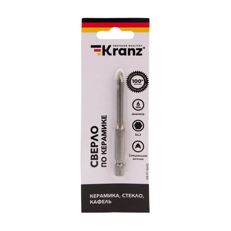 Сверло по стеклу и керамике 6 мм, 2 грани, шестигранный хвостовик Kranz - Фото 3