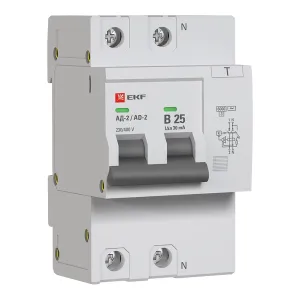 Диф. автомат 2Р 25А 30мА тип АС х-ка В эл. 6кА АД-2 EKF DA2-6-25B-30-pro