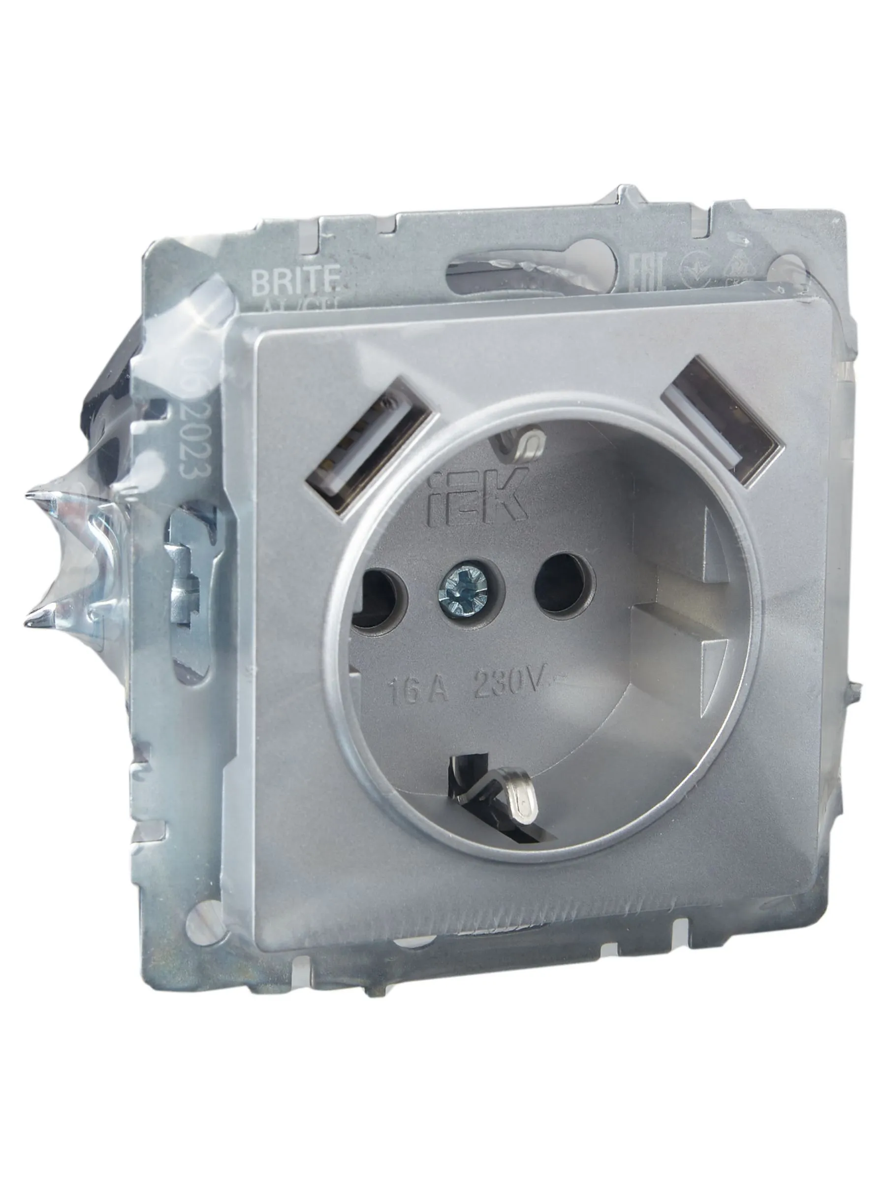 BRITE Розетка 1-местная с заземлением с защитными шторками 16А с USB A+A 5В 2,1А РЮш10-1-БрА алюминий IEK - Фото 5