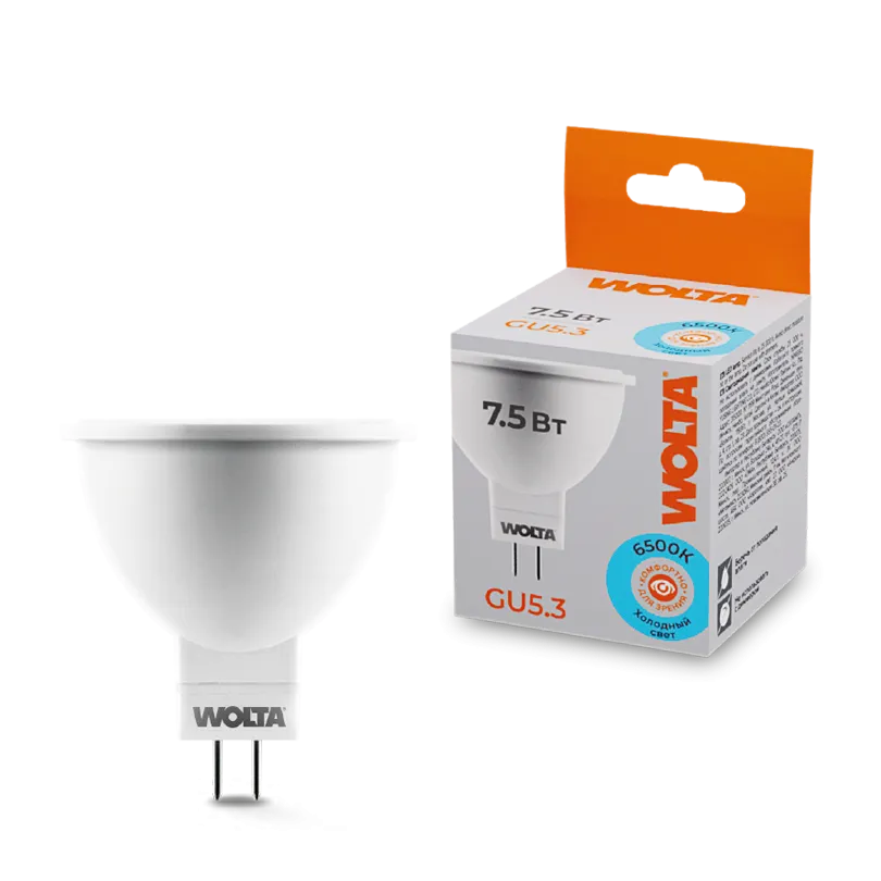 Лампа светодиодная "Рефлектор-MR16" 7.5Вт 625лм 6500К GU5.3 (50шт/уп) WOLTA