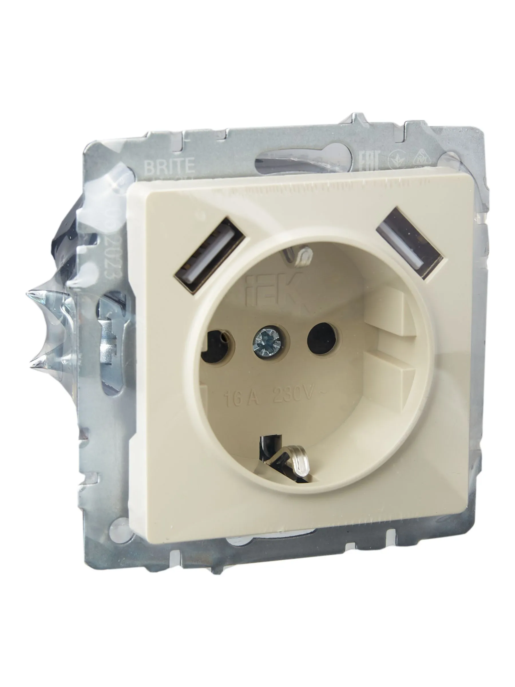 BRITE Розетка 1-местная с заземлением с защитными шторками 16А с USB A+A 5В 2,1А РЮш10-1-БрКр бежевый IEK - Фото 2