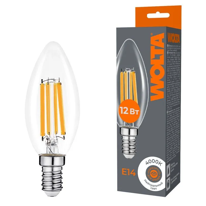 Светодиодная лампа WOLTA Filament, AC 220-240В, 50/60 Гц, прозрачное стекло, "Свеча", C35, E14, 12 Вт, 1050 лм, 4000 К, 1/10/100 WF-C35-12W4KE14