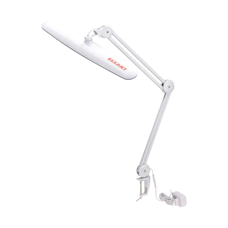 Лампа настольная бестеневая, струбцина, Blue Stream, 117 SMD LED, диммер (4 уровня), белая REXANT