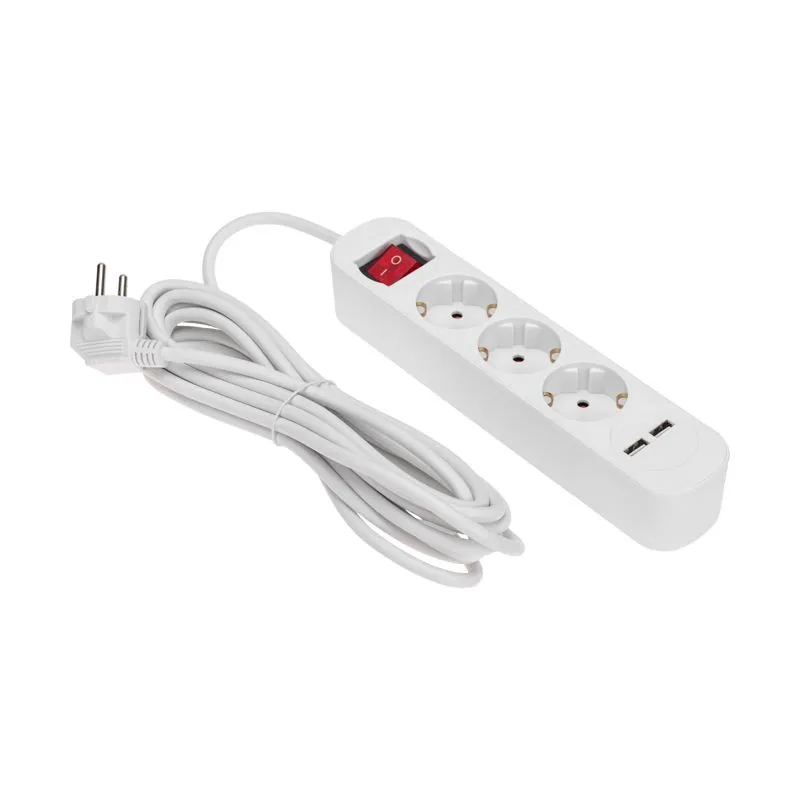 Удлинитель STANDARD 3 гнезда, 5м, 3х1,0мм², с/з, с выключателем, 2 USB, белый REXANT - Фото 2