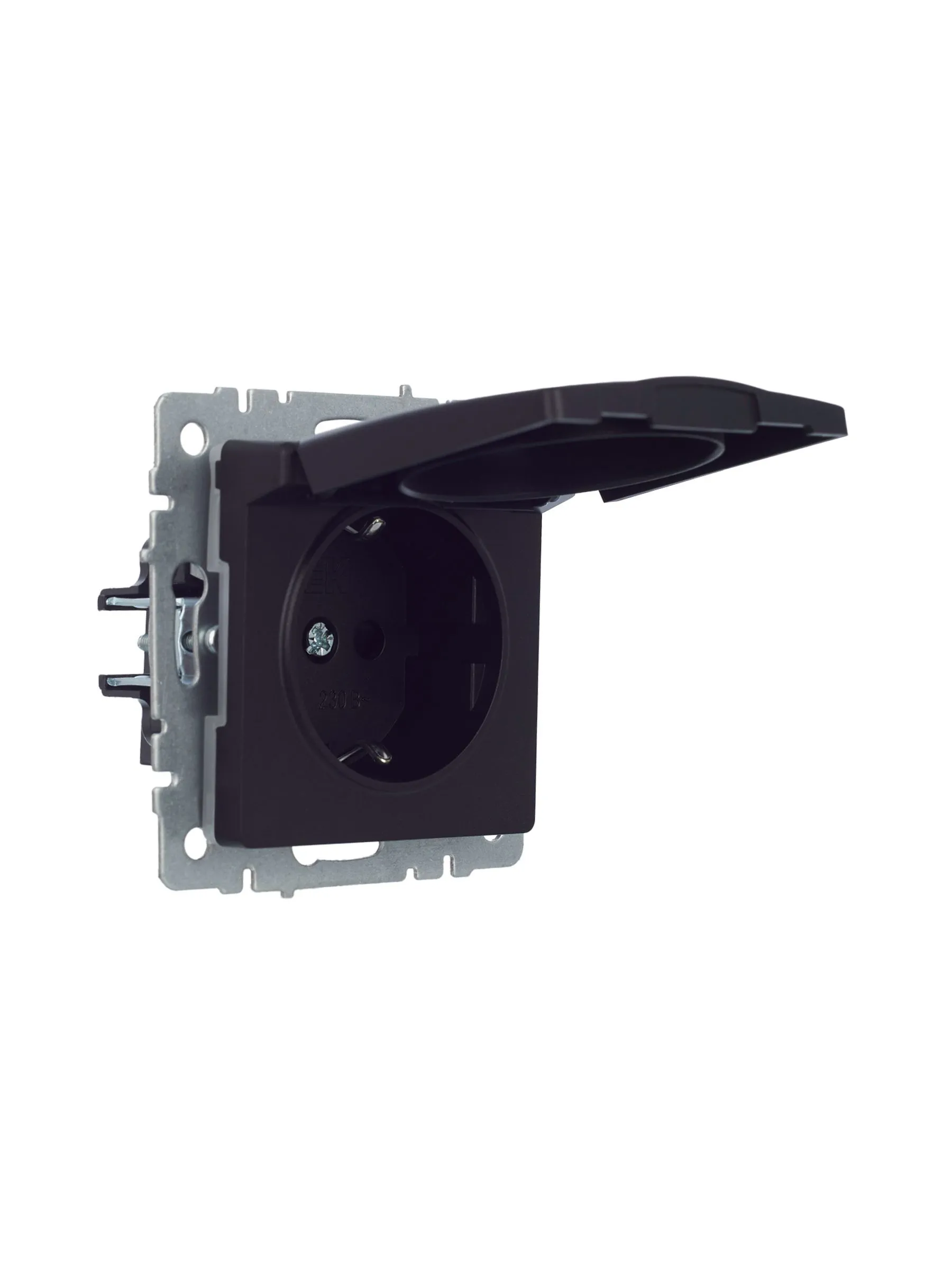 BRITE Розетка 1-местная с заземлением с защитными шторками и крышкой 16А IP44 РСбш10-3-44-БрЧ черный IEK - Фото 2