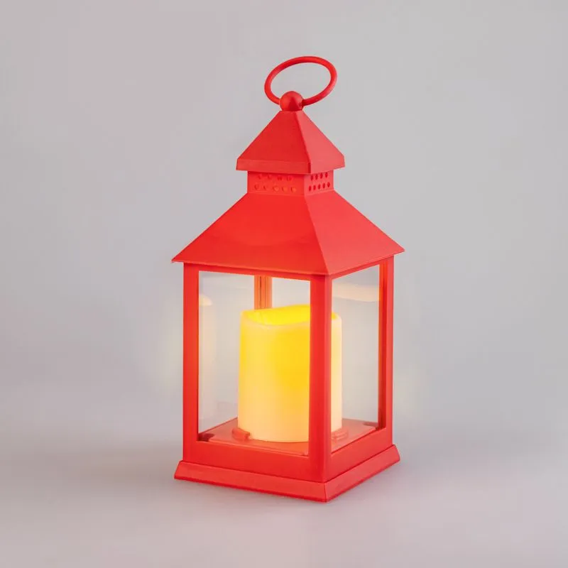 Декоративный фонарь со свечкой, красный корпус, размер 10,5х10,5х24см, цвет ТЕПЛЫЙ БЕЛЫЙ