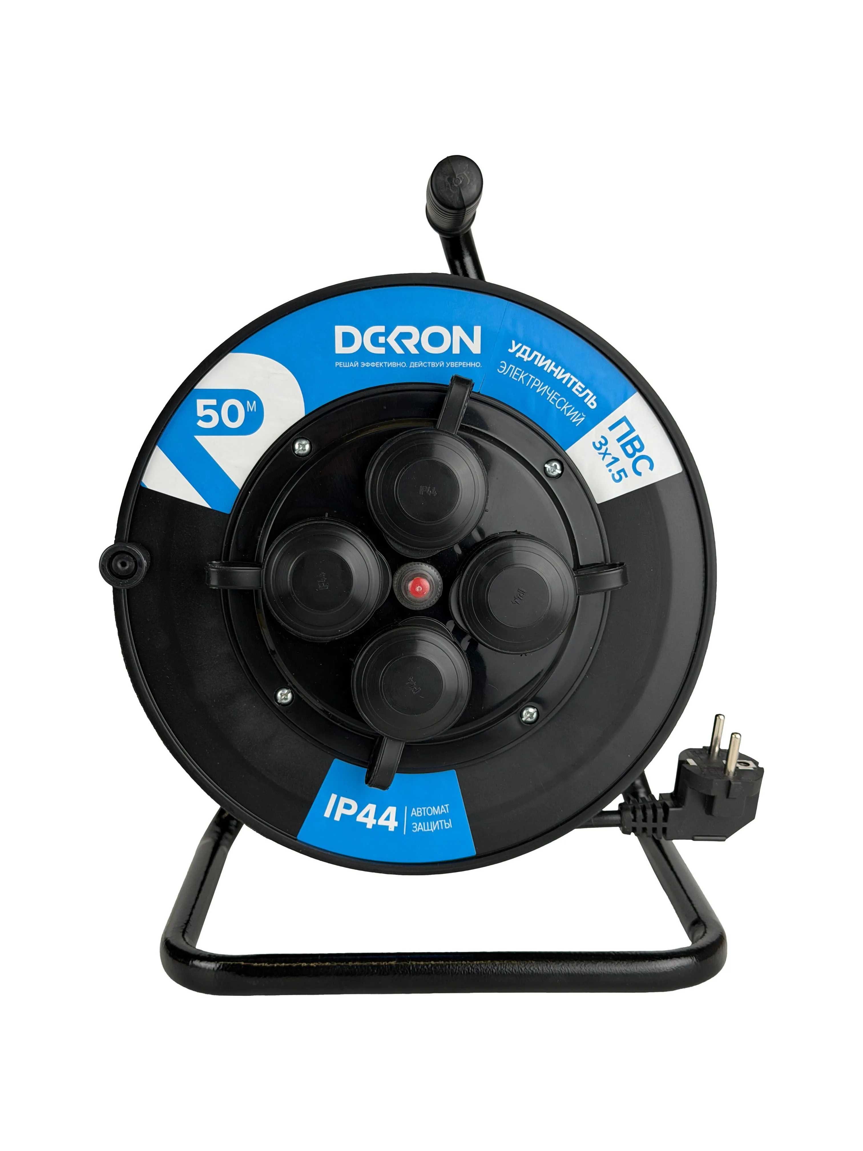 Удлинитель УКП-44 силовой на катушке 4 гн. ПВС 3х1,5 IP44 с/з 50м с автоматом защиты (катушка пластик) 16А 3500Вт