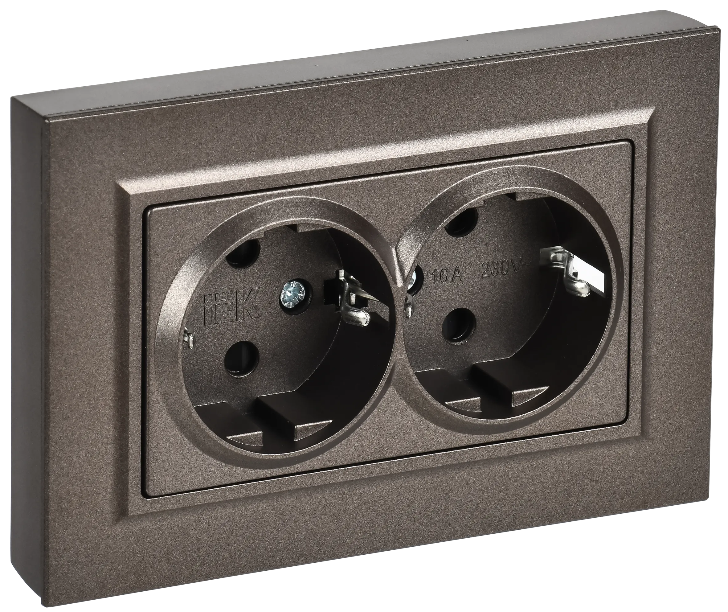 BRITE Розетка 2-местная с заземлением с защитными шторками плоская 16А в сборе РСшПл12-3-БрТБ темная бронза IEK BR-R28-16-K45-F