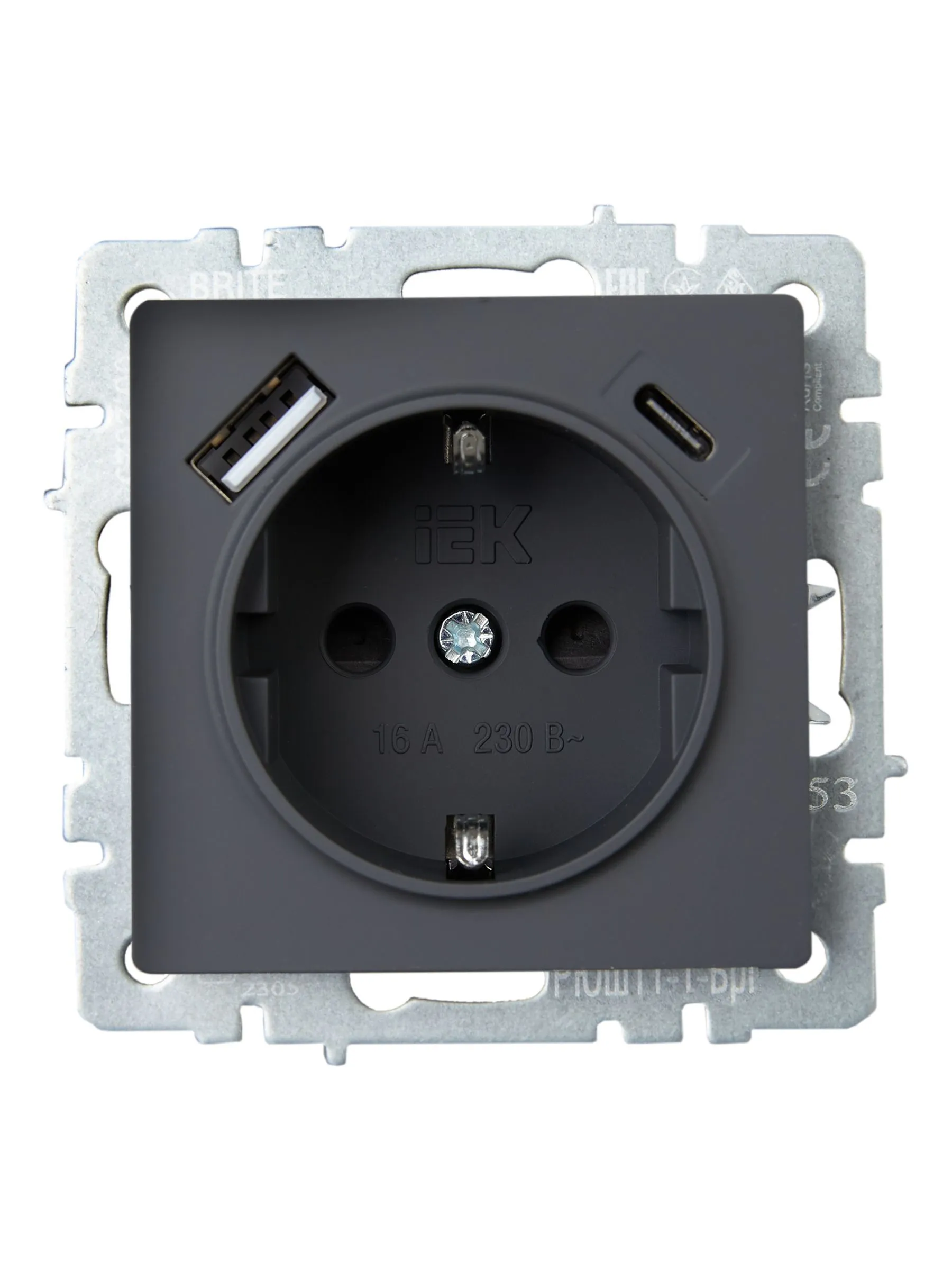 BRITE Розетка 1-местная с заземлением с защитными шторками 16А с USB A+C 18Вт РЮш11-1-БрГ графит IEK - Фото 2