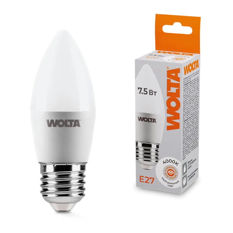 Лампа светодиодная "Свеча-C37" 7.5Вт 450лм 4000К Е27 (50шт/уп) WOLTA
