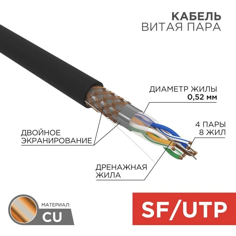 Кабель витая пара SF/UTP, CAT 5e, PE, 4PR, 24AWG, OUTDOOR, SOLID, черный, 305м, REXANT 01-0344