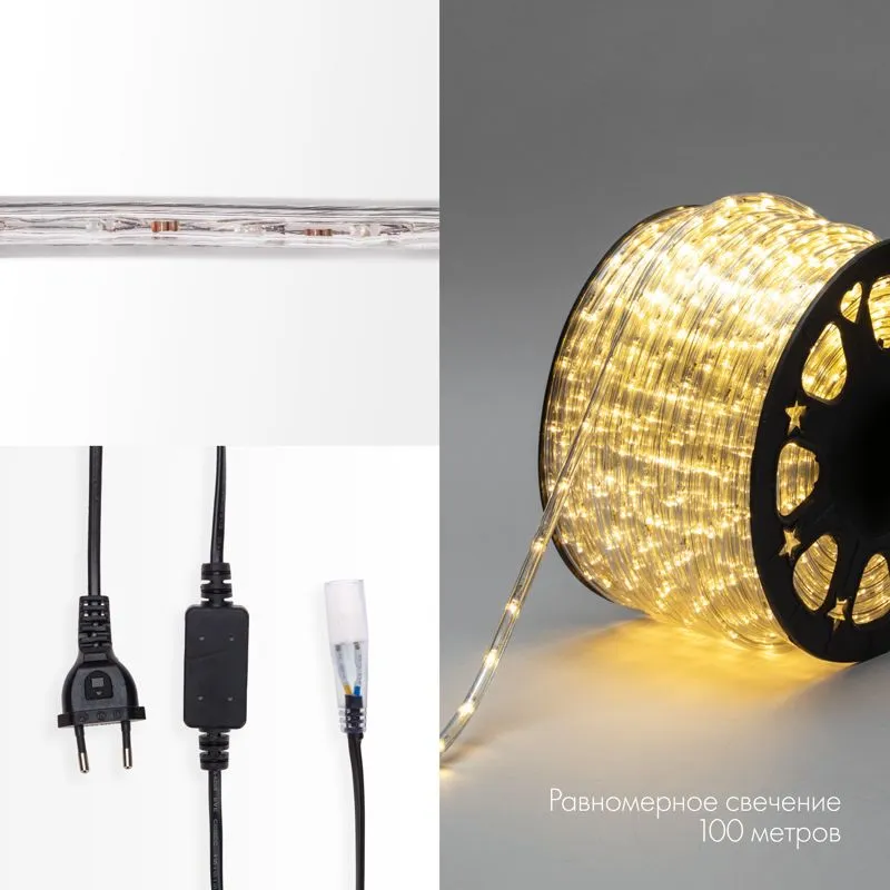 Дюралайт LED двухжильный 230В 10мм 24 LED/м ТЕПЛЫЙ БЕЛЫЙ постоянное свечение модуль 2м бухта 100м NEON-NIGHT - Фото 3