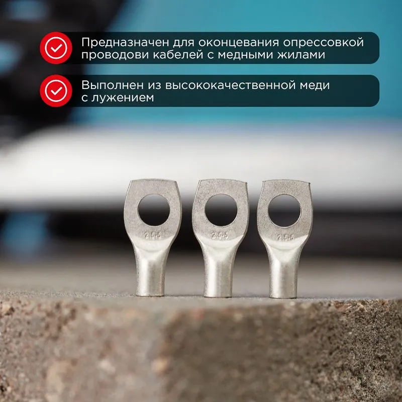 Наконечник медный луженый ТМЛ-Р 2,5–5 (2,5мм² - Ø5мм) ГОСТ 7386-80 (в упак. 10 шт.) REXANT - Фото 2