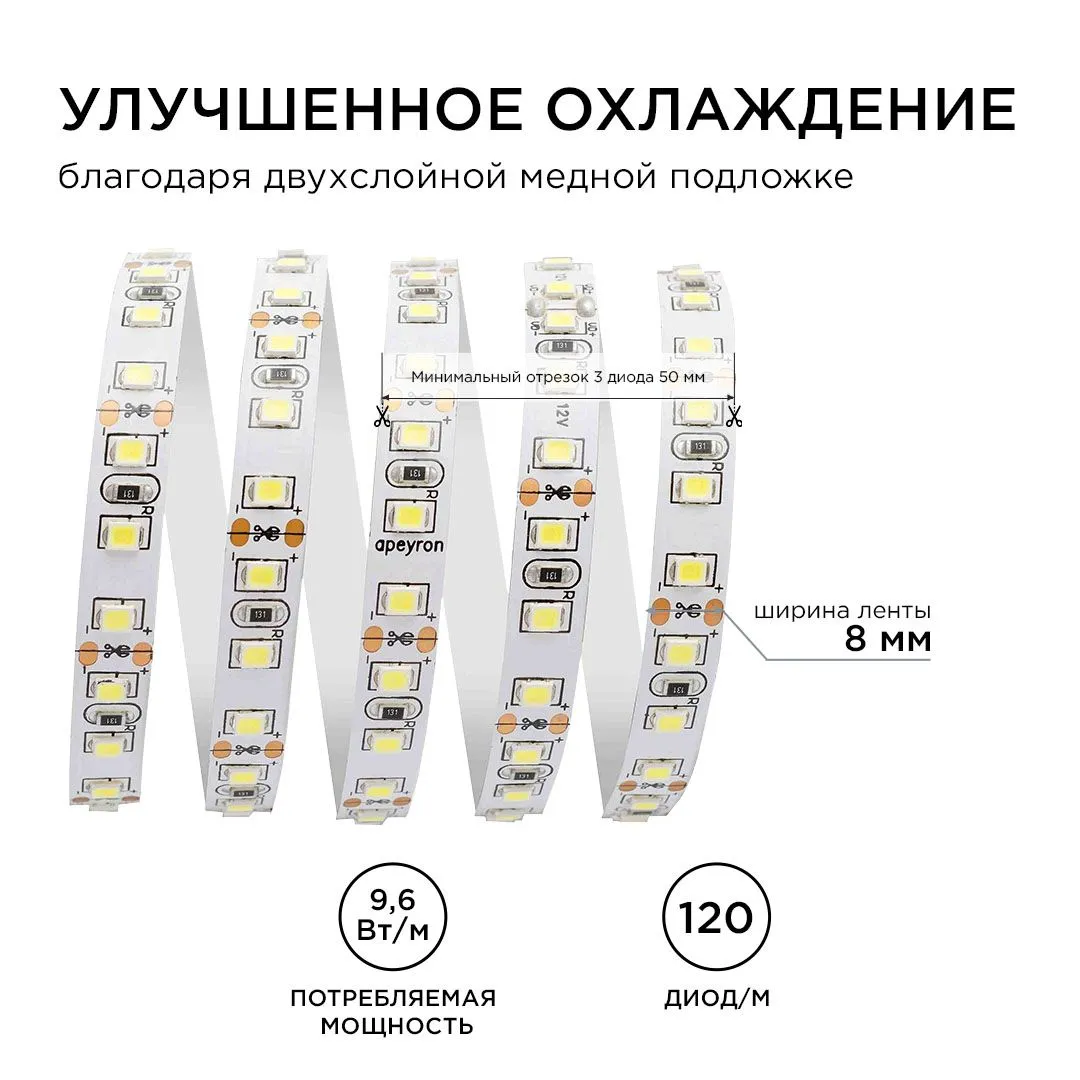 Лента светодиодная СТ smd3528 120д/м 12В 6500К IP20 5м Apeyron - Фото 5