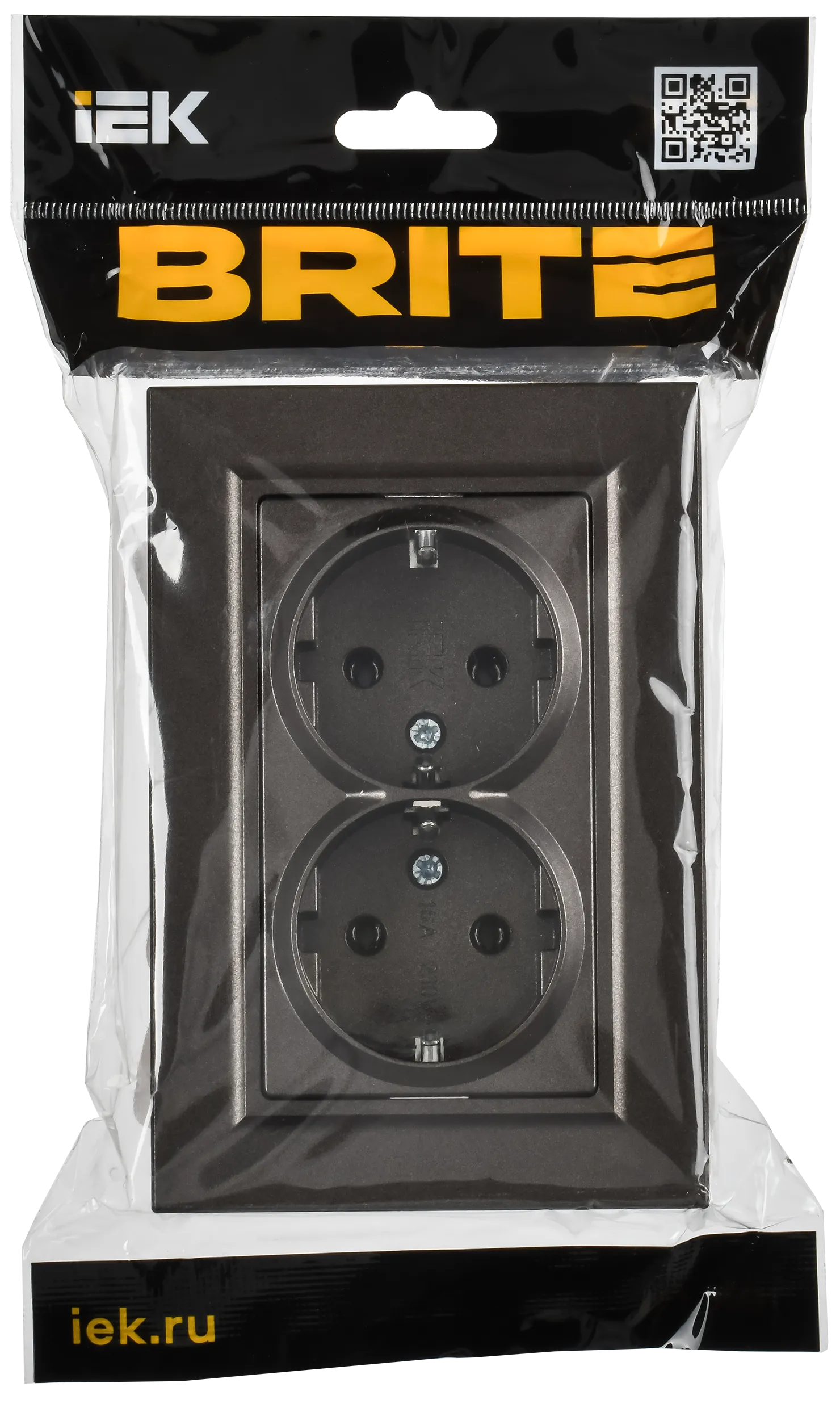 BRITE Розетка 2-местная с заземлением без защитных шторок плоская 16А в сборе РСПл12-3-БрТБ темная бронза IEK - Фото 2