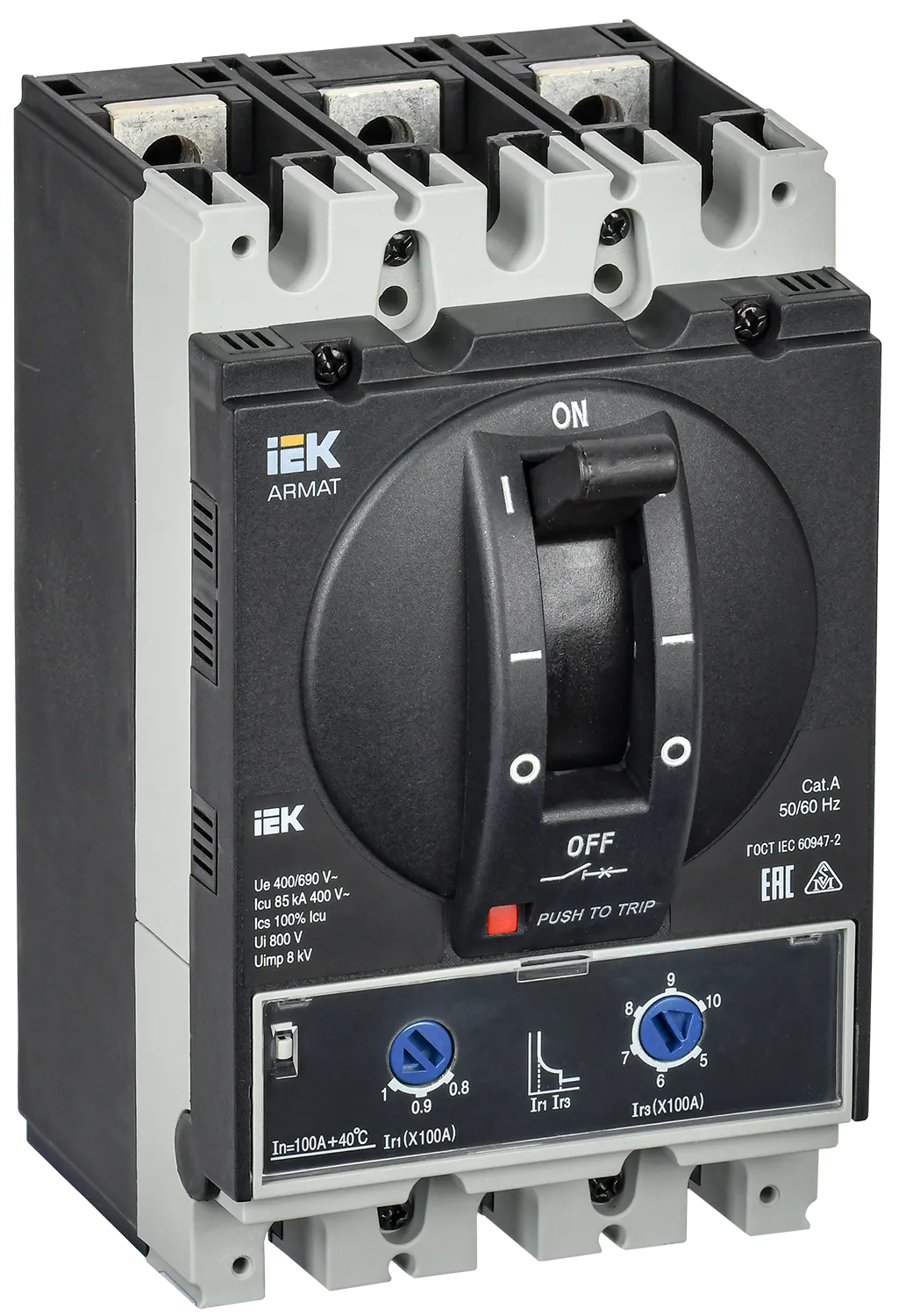 ARMAT Автоматический выключатель в литом корпусе 3P типоразмер A 85кА 100А расцепитель термомагнитный регулируемый IEK AR-MCCB-3A-085-0100A-ATUC