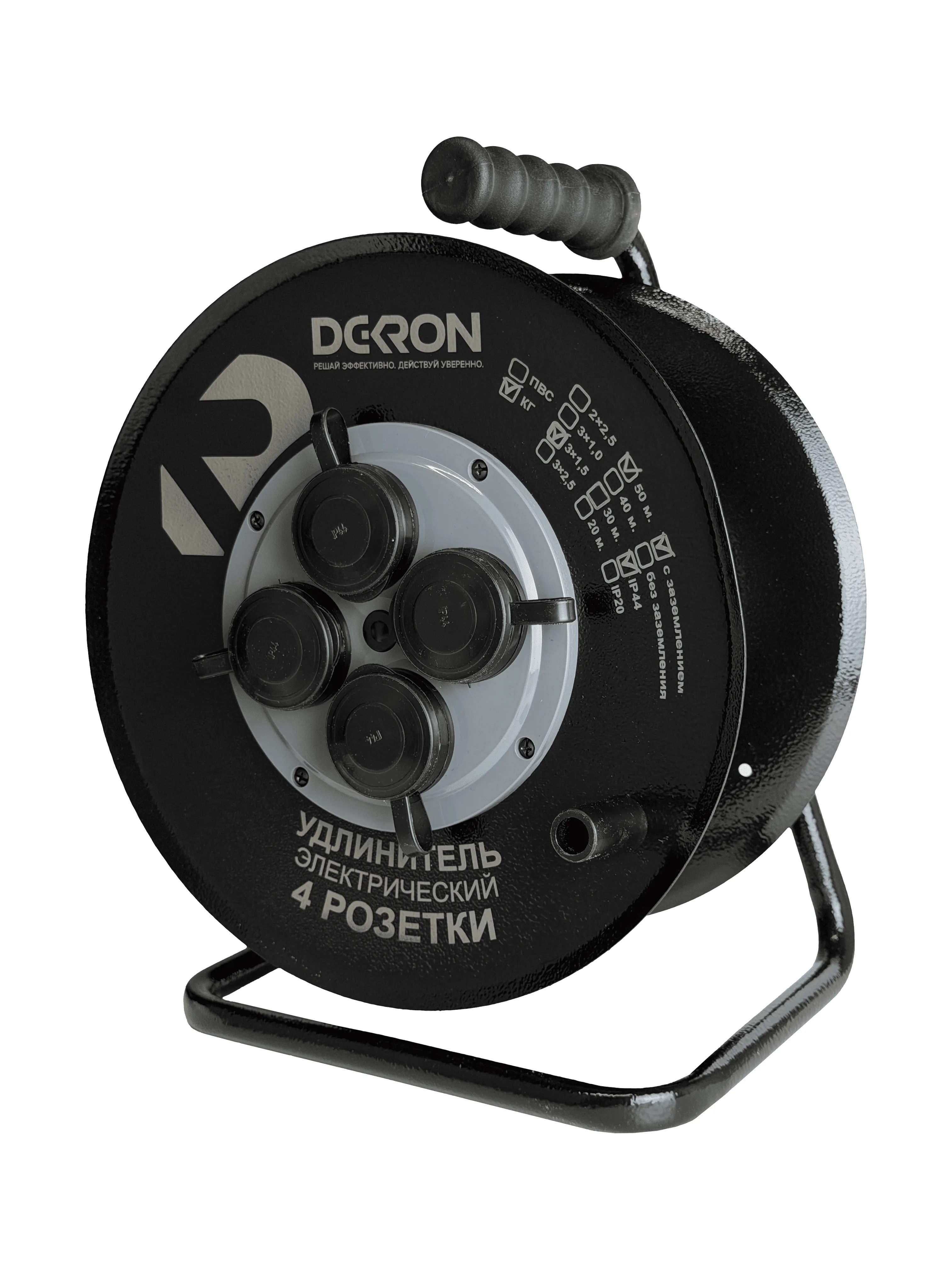 Удлинитель на катушке (металл) УХз-16-4-50-КМ УХЛ2, 4 гнезда с заземлением и крышками, КГ 3х1,5 50м, 16А, IP44 DEKRON - Фото 3