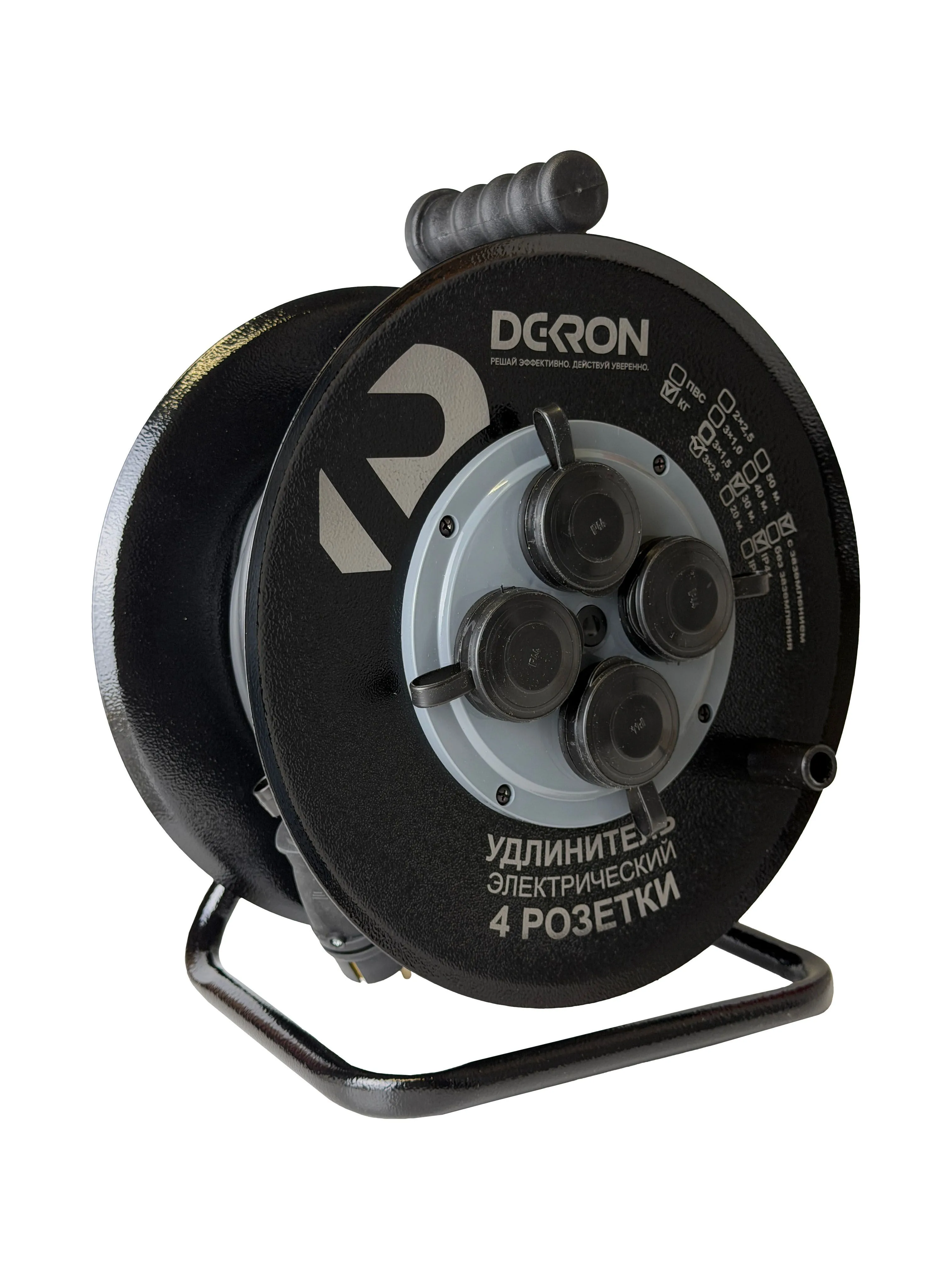 Удлинитель на катушке (металл) УХз-16-4-30-КМ УХЛ2, 4 гнезда с заземлением и крышками, КГ 3х2,5 30м, 16А, IP44 DEKRON DEK0906-0006