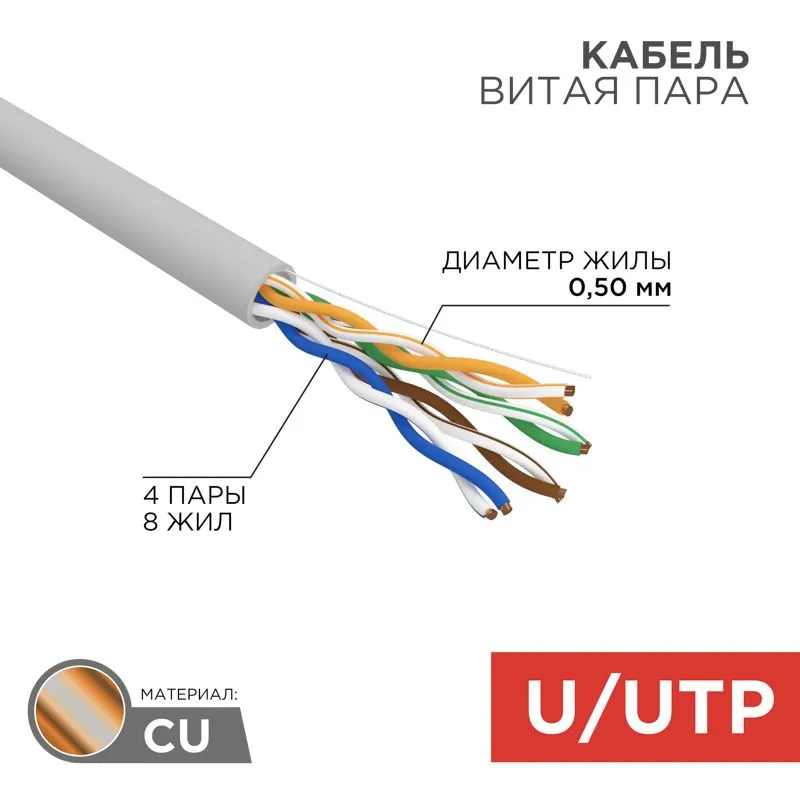 Кабель витая пара U/UTP, CAT 5e, PVC, 4PR, 24AWG, INDOOR, SOLID, серый, 25м, REXANT