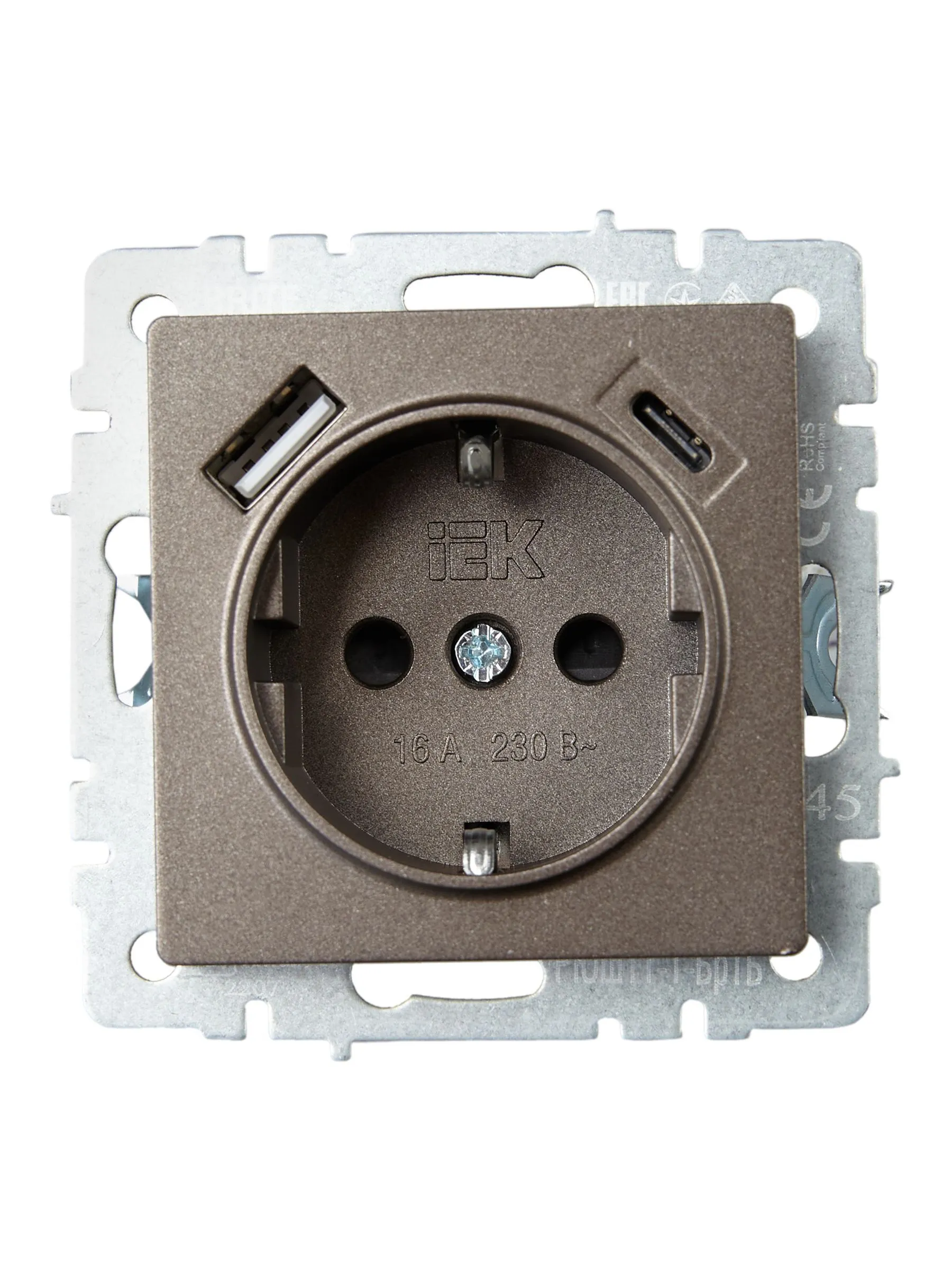 BRITE Розетка 1-местная с заземлением с защитными шторками 16А с USB A+C 18Вт РЮш11-1-БрТБ темная бронза IEK - Фото 5