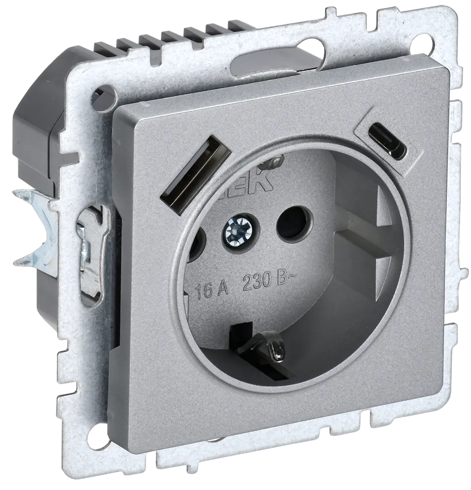 BRITE Розетка 1-местная с заземлением с защитными шторками 16А с USB A+C 18Вт РЮш11-1-БрА алюминий IEK BR-R14-16-U22-018-K47