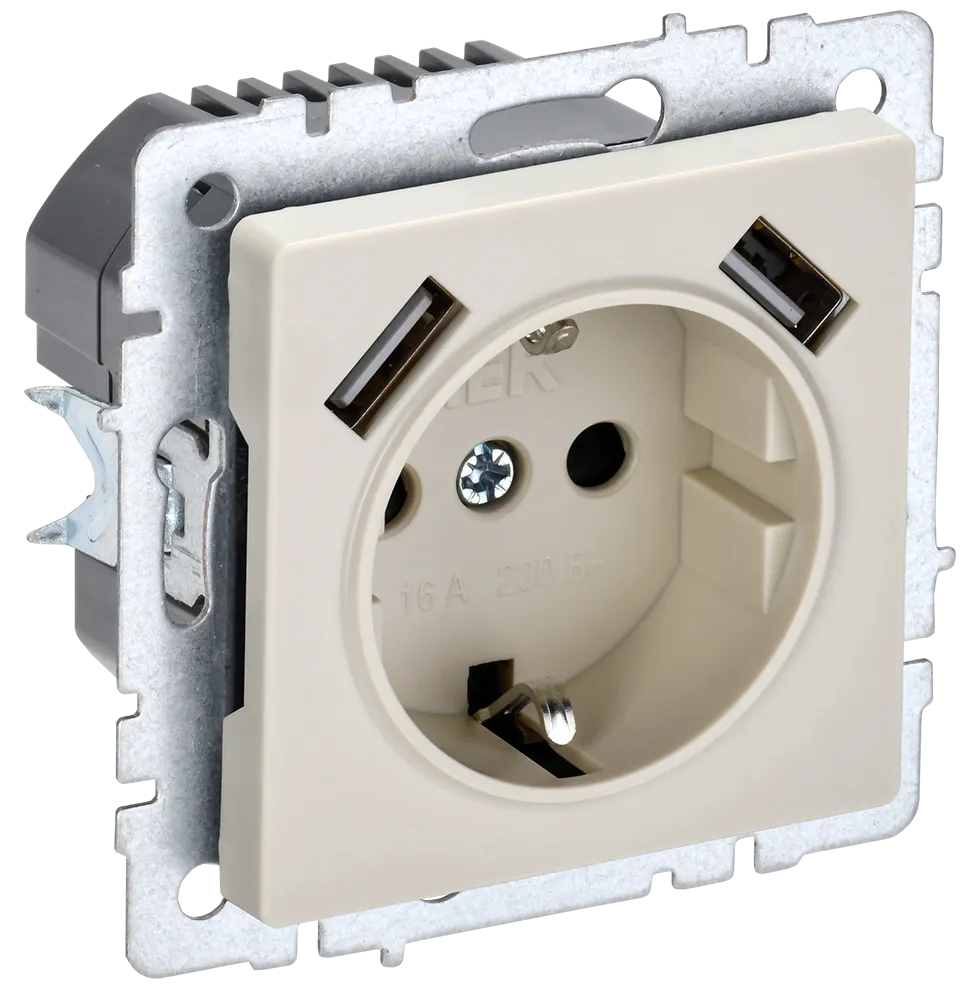 BRITE Розетка 1-местная с заземлением с защитными шторками 16А с USB A+A 5В 2,1А РЮш10-1-БрКр бежевый IEK BR-R14-16-U21-D21-K10
