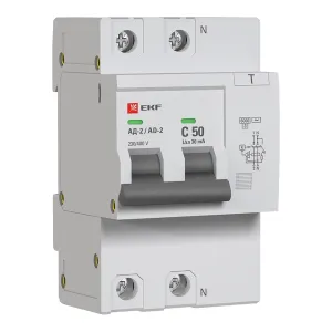 Диф. автомат 2Р 50А 30мА тип АС х-ка C эл. 6кА АД-2 EKF DA2-6-50-30-pro