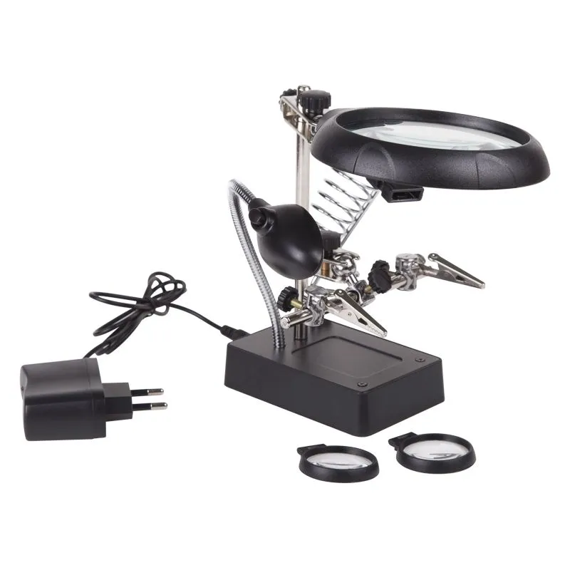 Держатель Третья рука, 2 зажима, лупа 90мм (2.5х) + 2х34мм, подставка паяльника, LED подсветка REXANT - Фото 5