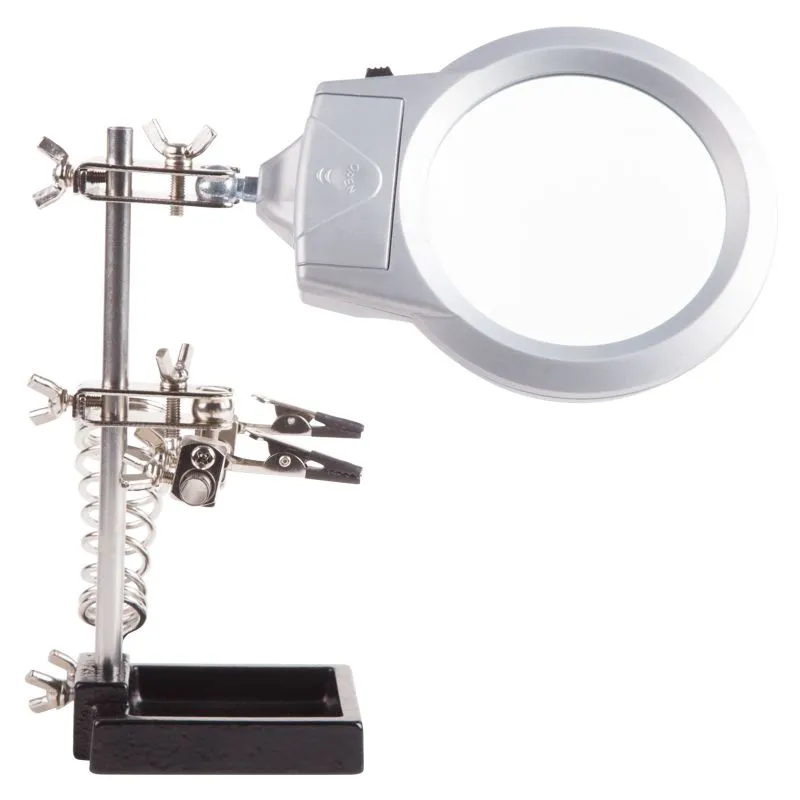 Держатель Третья рука, 2 зажима, лупа 85мм (2.5х), подставка паяльника, LED подсветка, чугун REXANT - Фото 4