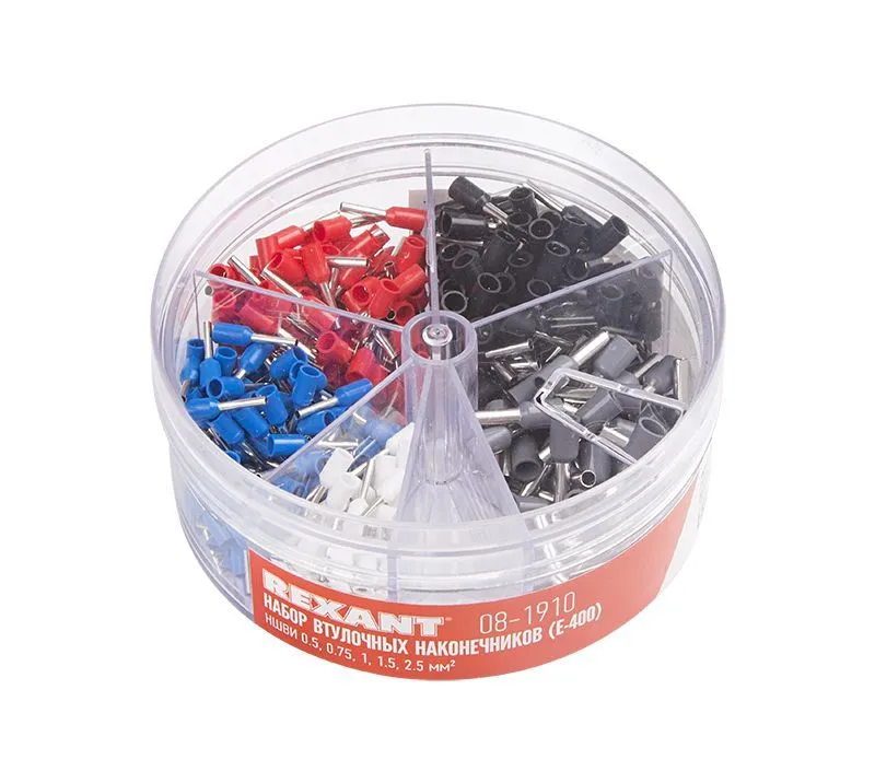 Набор втулочных наконечников НШВИ (0.5 мм²; 0.75 мм²; 1 мм²; 1.5 мм²; 2.5 мм²) в боксе (E-400) REXANT 08-1910