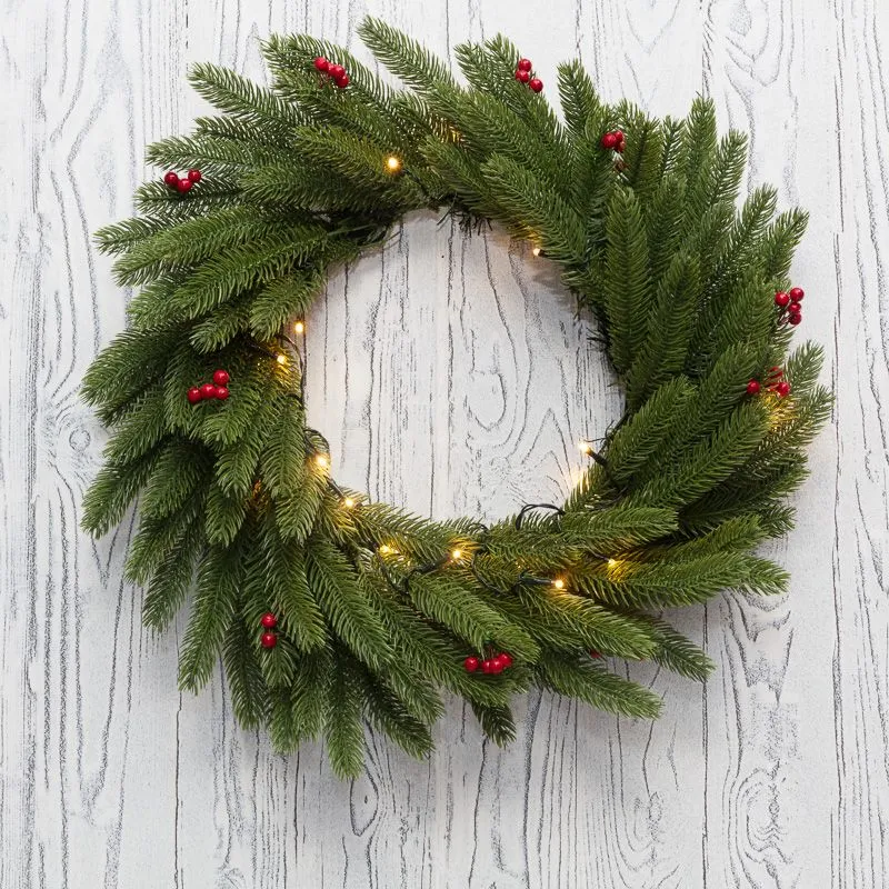 Еловый венок с ягодами и гирляндой NEON-NIGHT Ø 45 см, 20 LED, 2 х АА, литой, теплое белое свечение