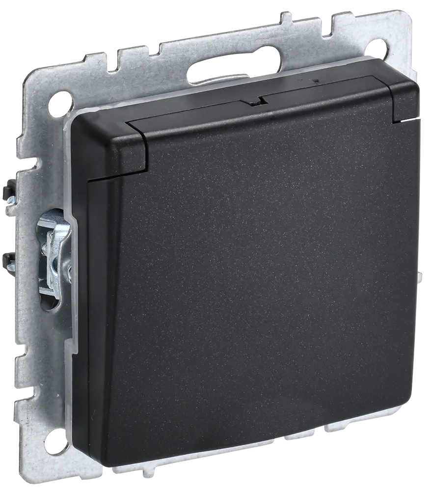 BRITE Розетка 1-местная с заземлением с защитными шторками и крышкой 16А IP44 РСбш10-3-44-БрЧ черный IEK