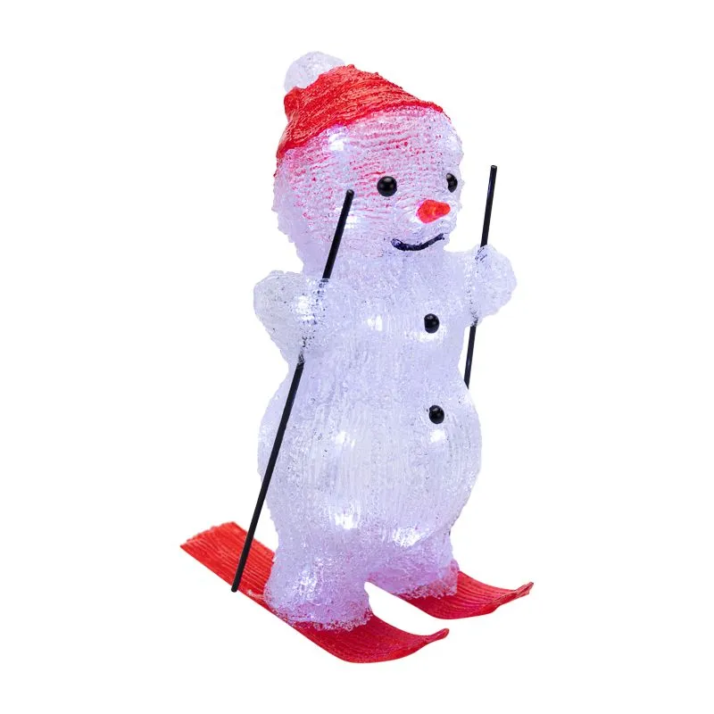 Акриловая светодиодная фигура Снеговик на лыжах 16х20х29 см, 30 светодиодов, батарейки 3хАА (не вход