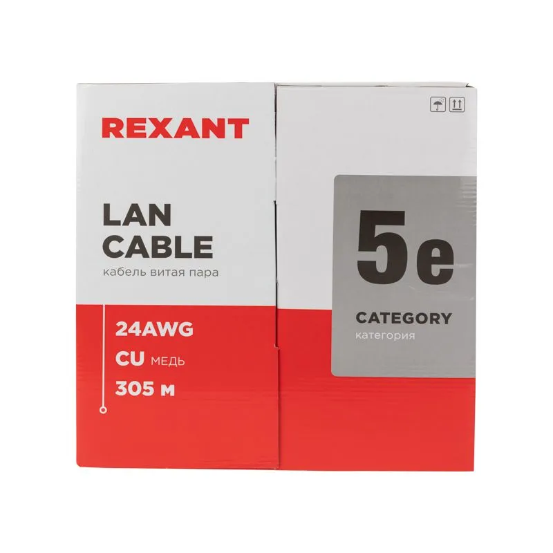 Кабель витая пара U/UTP, CAT 5e, ZH нг(А)-HF, 4PR, 24AWG, INDOOR, SOLID, серый, 305м REXANT - Фото 3
