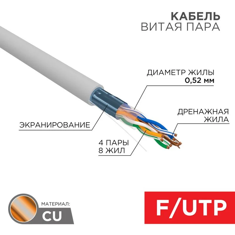 Кабель витая пара F/UTP, CAT 5e, PVC нг(А)-LS, 4х2х0,52мм, 4PR, 24AWG, INDOOR, SOLID, серый, 305м, РФ REXANT
