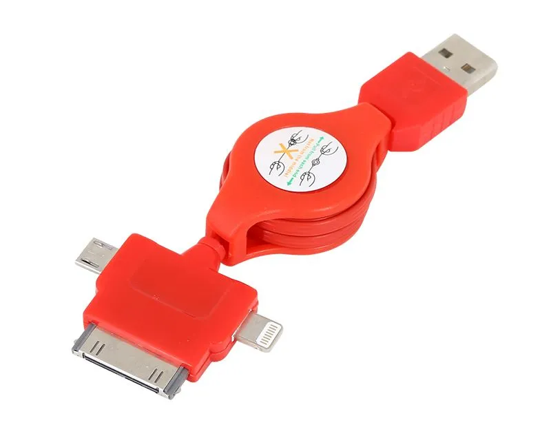 USB кабель-рулетка 3 в 1 для iPhone 5/microUSB/iPhone 4 красный